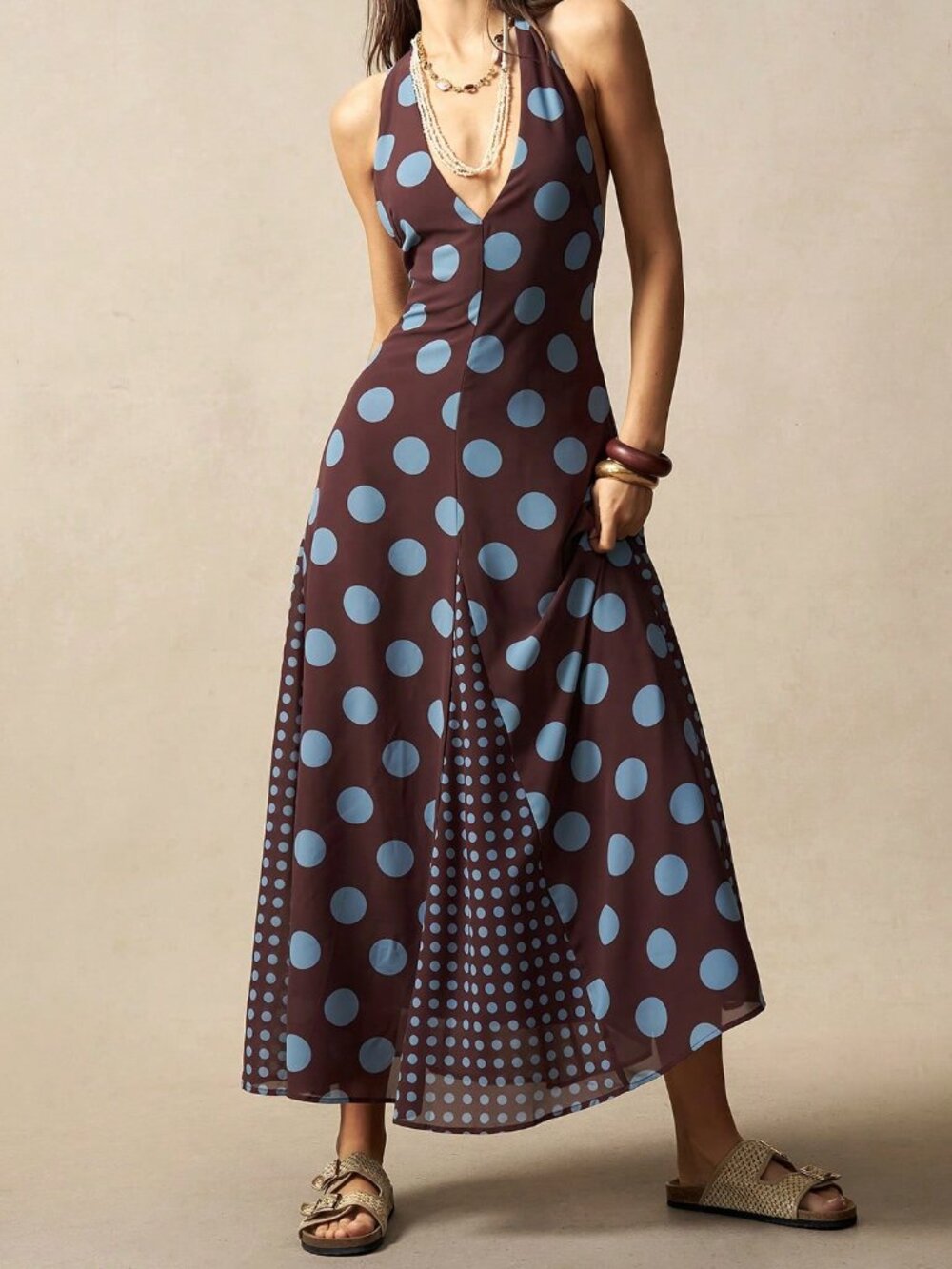 Brown Boho Women's Backless Split Thigh Long Halter Dress - Picture 4 of 6
